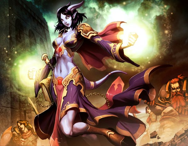 Anime picture 1100x853 with world of warcraft warcraft blizzard entertainment draenei monara (warcraft) genzoman short hair breasts light erotic black hair tail horn (horns) pointy ears magic battle monster girl dwarf girl boy navel