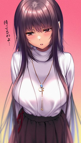 Anime picture 704x1236 with amakano 2 kurohime yuuki piromizu single long hair tall image blush fringe open mouth simple background hair between eyes red eyes brown hair standing payot looking away head tilt pleated skirt :o gradient background