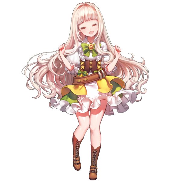 Anime picture 1200x1200 with majo single long hair fringe open mouth blonde hair smile standing full body eyes closed :d short sleeves puffy sleeves lace-up boots girl dress boots belt bowtie corset