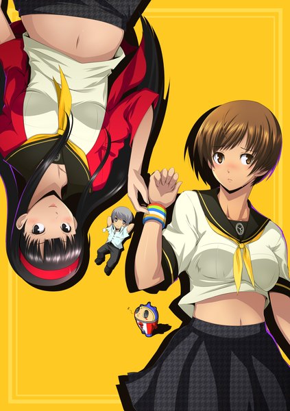 Anime picture 1512x2144 with persona 4 persona satonaka chie amagi yukiko narukami yuu kuma (persona 4) taru neko long hair tall image blush short hair black hair brown hair multiple girls brown eyes looking away black eyes midriff girl skirt