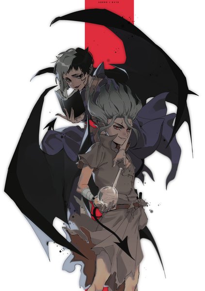 Anime picture 1500x2128 with dr. stone ishigami senkuu asagiri gen doran7280 tall image looking at viewer short hair red eyes standing white background holding tail multicolored hair grey hair two-tone hair multiple boys facial mark demon tail demon wings boy