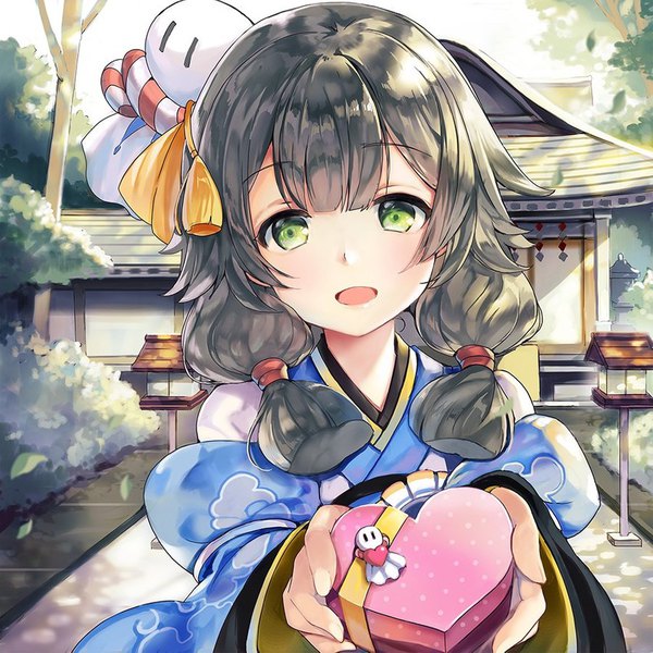 Anime picture 850x850 with onmyoji hiyoribo (onmyoji) sibyl single looking at viewer blush fringe open mouth standing twintails holding green eyes upper body outdoors long sleeves traditional clothes japanese clothes grey hair wide sleeves low twintails