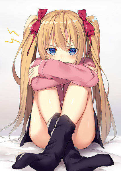 Anime picture 2149x3035 with original alexmaster single long hair tall image looking at viewer blush fringe highres blue eyes light erotic blonde hair hair between eyes sitting twintails full body long sleeves crossed legs transparent background covered mouth