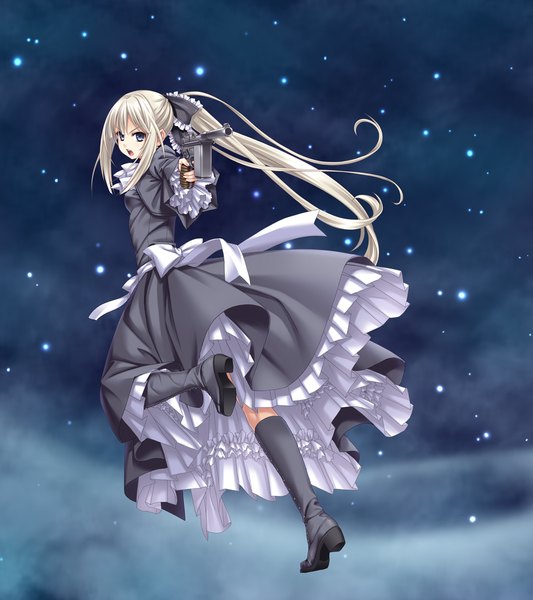 Anime picture 1024x1152 with sousouki reginald single long hair tall image open mouth blue eyes game cg white hair ponytail girl dress weapon boots frills gun