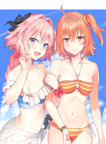 Anime picture 1200x1627 with fate (series) fate/grand order fujimaru ritsuka (female) astolfo (fate) nanotaro long hair tall image looking at viewer blush fringe short hair breasts open mouth light erotic hair between eyes standing purple eyes bare shoulders pink hair sky