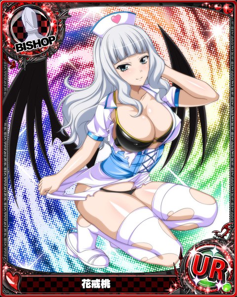 Anime picture 640x800 with highschool dxd hanakai momo single long hair tall image looking at viewer blush fringe breasts blue eyes light erotic large breasts cleavage silver hair blunt bangs light smile torn clothes card (medium) nurse girl