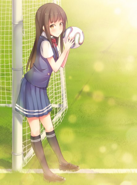 Anime picture 1400x1889 with original world cup 2014 fifa world cup hiiragi hajime single long hair tall image looking at viewer blush black hair smile brown eyes sunlight turning head football girl skirt uniform bow plant (plants)