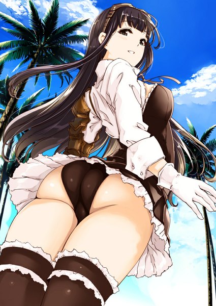 Anime picture 708x1000 with original gustav (telomere na) single long hair tall image light erotic black hair sky cloud (clouds) ass black eyes from below girl thighhighs dress gloves underwear panties black thighhighs plant (plants)