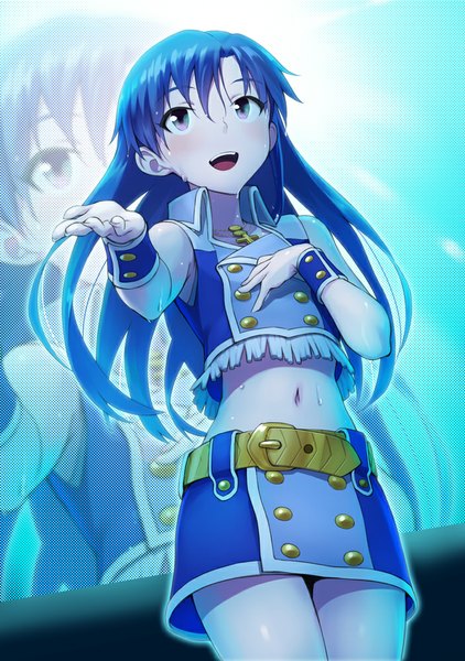 Anime picture 703x1000 with idolmaster kisaragi chihaya mofu single long hair tall image open mouth purple eyes blue hair looking away bare belly sweat hand on chest girl skirt navel belt wrist cuffs vest skirt set