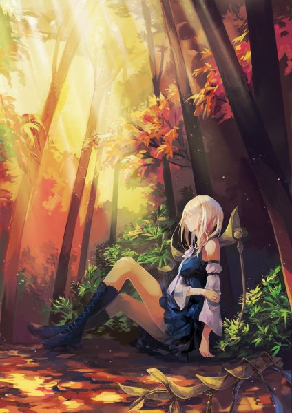 Anime picture 848x1200 with original pixiv fantasia pixiv fantasia fallen kings jinying single long hair tall image sitting white hair eyes closed girl dress plant (plants) detached sleeves tree (trees) boots