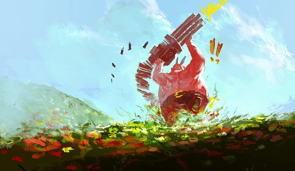 Anime picture 1024x593 with original tobiee single smile wide image sky cloud (clouds) topless demon red skin casing ejection boy weapon plant (plants) gun grass shell casing gatling gun