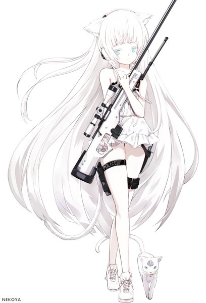 Anime picture 878x1290 with girls frontline original awp (girls frontline) (nekoya (liu)) nekoya (liu) single long hair tall image looking at viewer fringe blue eyes simple background standing white background holding signed animal ears full body white hair tail blunt bangs