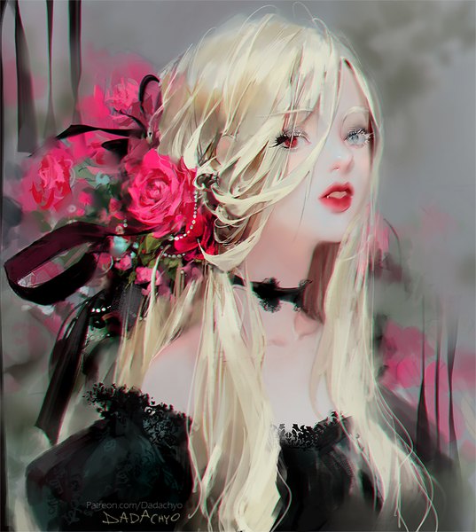 Anime picture 900x1006 with original dadachyo single long hair tall image looking at viewer blonde hair signed hair flower fang (fangs) lipstick heterochromia portrait red lipstick vampire girl dress flower (flowers) choker black dress