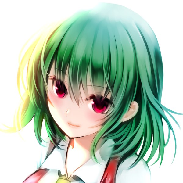 Anime picture 1200x1200 with touhou kazami yuuka cube (maryquant) single looking at viewer blush fringe short hair simple background smile red eyes white background green hair sunlight close-up girl necktie
