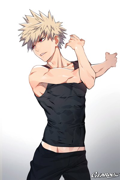 Anime picture 900x1350 with boku no hero academia studio bones bakugou katsuki gearous single tall image fringe short hair simple background blonde hair red eyes standing white background bare shoulders signed looking away parted lips midriff gradient background groin