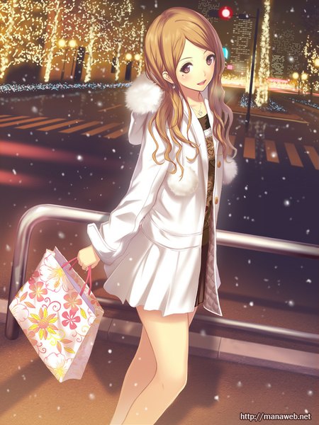 Anime picture 600x800 with ilog nagata ikue mana kakkowarai single long hair tall image looking at viewer blush open mouth brown hair holding brown eyes outdoors night mole open jacket bare legs fur trim mole under eye city