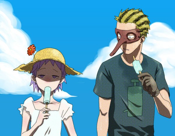 Anime picture 1024x796 with dorohedoro mappa ebisu (dorohedoro) fujita (dorohedoro) umesge short hair blonde hair purple eyes purple hair cloud (clouds) couple girl boy gloves flower (flowers) hat food sweets mask ice cream