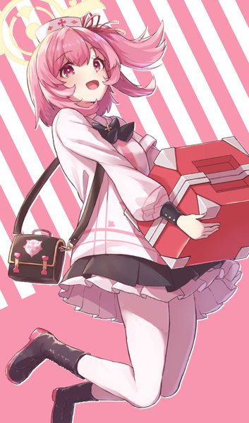 Anime picture 926x1574 with blue archive serina (blue archive) miimu (nelreg3) single tall image short hair open mouth holding pink hair :d pink eyes one side up jumping striped background girl skirt pantyhose black skirt bag halo