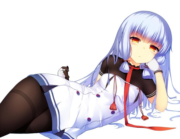 Anime picture 1227x954 with kantai collection murakumo destroyer suteba (grzjkbhgf) single long hair looking at viewer simple background white background blue hair orange eyes tress ribbon >:( girl gloves ribbon (ribbons) hair ribbon pantyhose necktie black pantyhose tassel