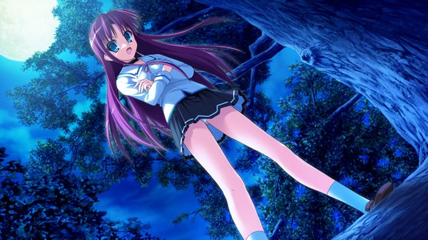 Anime picture 1280x720 with secret game coderevise (game) long hair open mouth blue eyes wide image game cg purple hair girl skirt plant (plants) miniskirt tree (trees) serafuku moon
