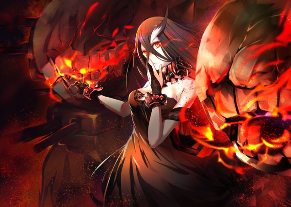 Anime picture 1185x846 with kantai collection battleship water oni cibo (killy) single long hair fringe breasts black hair hair between eyes red eyes bare shoulders very long hair horn (horns) teeth glowing finger to mouth glowing eye (eyes) frown shinkaisei-kan girl