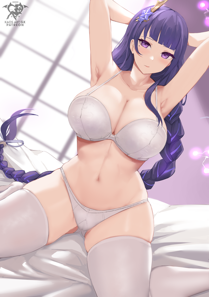 Anime picture 3035x4299 with genshin impact raiden shogun kaos art single long hair tall image looking at viewer blush fringe highres breasts light erotic large breasts sitting purple eyes signed absurdres bent knee (knees) indoors blunt bangs
