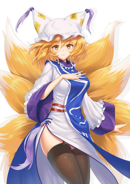 Anime picture 2480x3507 with touhou yakumo ran youl single tall image looking at viewer fringe highres short hair breasts light erotic simple background blonde hair smile hair between eyes large breasts white background yellow eyes tail parted lips