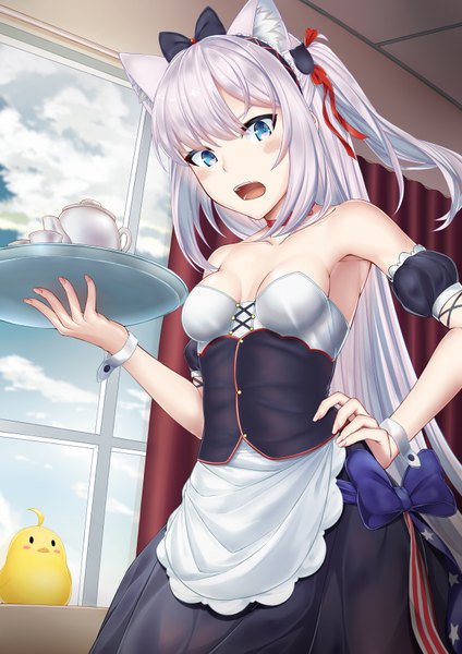 Anime picture 2480x3507 with azur lane hammann (azur lane) carolrin single long hair tall image looking at viewer blush fringe highres breasts open mouth blue eyes hair between eyes standing bare shoulders holding animal ears payot sky