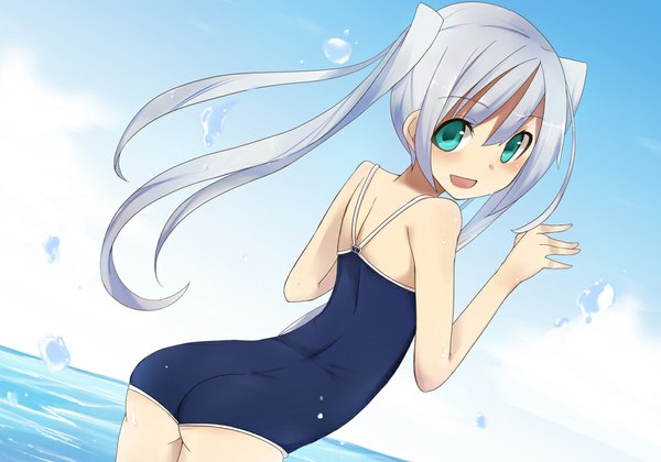 Anime picture 1024x717 with original maze (gochama ze gohan) single long hair blush open mouth light erotic smile silver hair aqua eyes from behind girl swimsuit sea