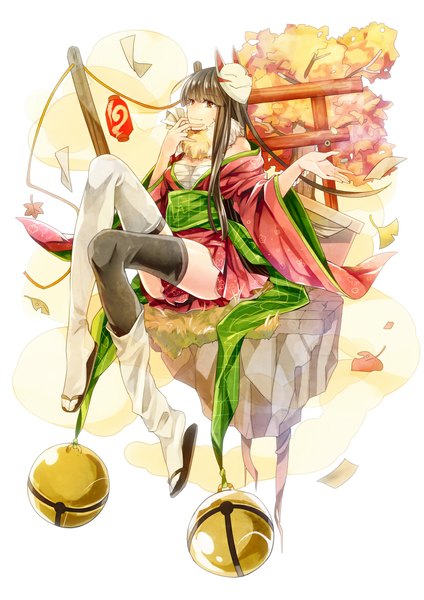 Anime picture 826x1169 with utau toudou charo single long hair tall image black hair sitting brown eyes looking away traditional clothes japanese clothes light smile mask on head girl thighhighs kimono leaf (leaves) bell mask jingle bell