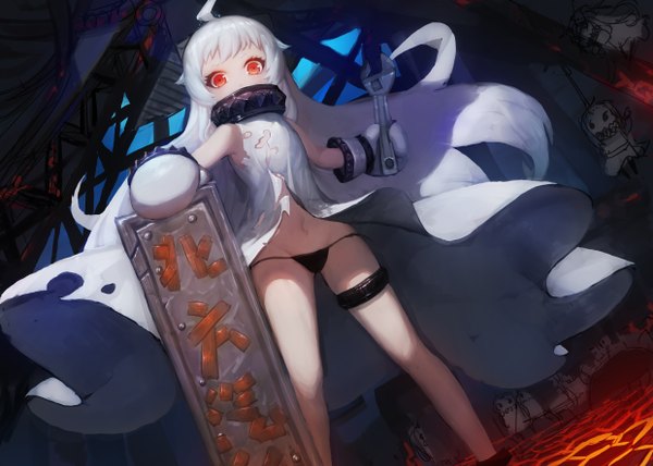 Anime picture 4960x3543 with kantai collection northern ocean hime gods single long hair looking at viewer blush fringe highres breasts light erotic red eyes standing holding absurdres ahoge outdoors white hair horn (horns) wind