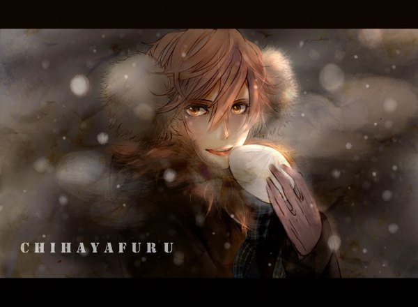 Anime picture 1240x910 with chihayafuru madhouse taichi majima shamrock (artist) single short hair open mouth brown hair brown eyes inscription copyright name text snowing letterboxed winter snow english boy gloves food