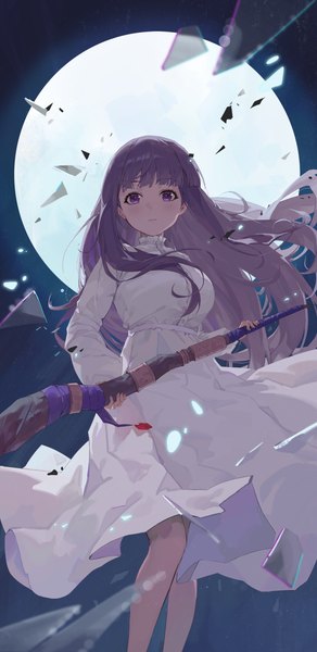 Anime picture 2555x5245 with sousou no frieren fern (sousou no frieren) shi classmate single long hair tall image looking at viewer fringe highres standing purple eyes purple hair blunt bangs girl dress white dress moon full moon staff debris