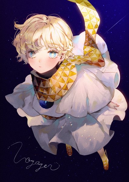 Anime-Bild 850x1200 mit fate (series) fate/requiem voyager (fate/requiem) majamari single tall image blush short hair blue eyes blonde hair looking away full body character names flying space boy scarf