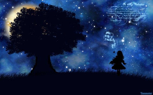 Anime picture 1280x800 with tagme (copyright) tagme (artist) single long hair wide image signed night night sky silhouette girl plant (plants) tree (trees) musical note