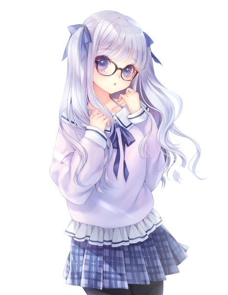 Anime picture 1100x1420 with original aoi itou single long hair tall image looking at viewer blush fringe simple background standing white background purple eyes silver hair blunt bangs parted lips head tilt pleated skirt two side up plaid skirt girl