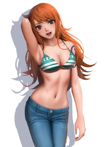 Anime picture 3508x4961 with one piece toei animation nami (one piece) zyl single long hair tall image looking at viewer blush fringe highres breasts open mouth light erotic simple background smile hair between eyes large breasts standing white background
