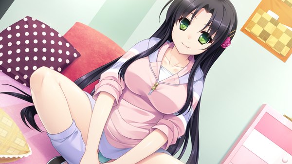 Anime picture 1920x1080 with hello lady akatsuki-works otonashi saku single long hair looking at viewer highres light erotic black hair wide image green eyes game cg light smile pantyshot pantyshot sitting girl hair ornament underwear panties hairclip