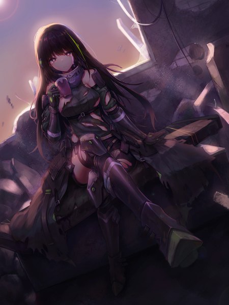 Anime picture 3000x4000 with girls frontline m4a1 (girls frontline) 735308747 single long hair tall image looking at viewer fringe highres breasts light erotic black hair hair between eyes sitting brown eyes payot multicolored hair arm support no bra two-tone hair