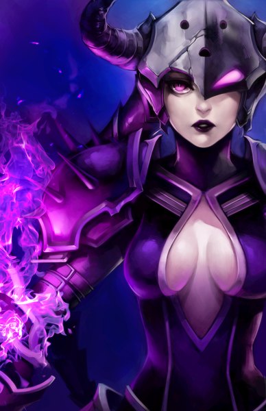 Anime picture 1000x1545 with league of legends shyvana (league of legends) ippus single tall image breasts light erotic purple eyes cleavage horn (horns) lips no bra lipstick glowing glowing eye (eyes) black lipstick girl armor helmet