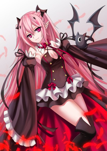 Anime picture 3508x4961 with owari no seraph wit studio kururu tepes arukanu yoneyu long hair tall image fringe highres breasts simple background smile hair between eyes twintails bare shoulders payot looking away pink hair absurdres bent knee (knees)