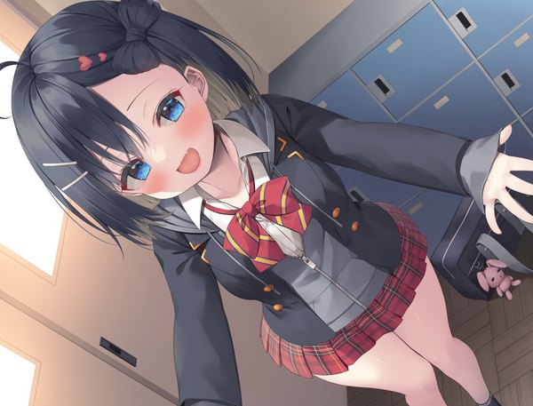 Anime picture 4200x3200 with original asa no ha single looking at viewer blush fringe highres short hair open mouth blue eyes black hair standing absurdres ahoge indoors long sleeves :d pleated skirt from above dutch angle