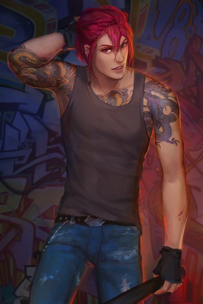 Anime picture 900x1348 with free! kyoto animation matsuoka rin j-witless single tall image looking at viewer short hair open mouth pink hair pink eyes tattoo hand on head graffiti boy gloves earrings belt fingerless gloves blood