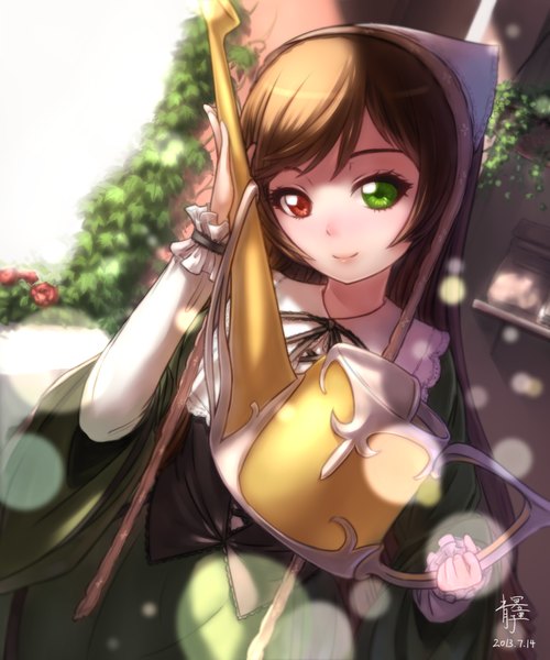 Anime picture 1000x1200 with rozen maiden suiseiseki qingmingtongzi single long hair tall image looking at viewer blush smile brown hair long sleeves lips heterochromia girl dress hair ornament flower (flowers) watering can