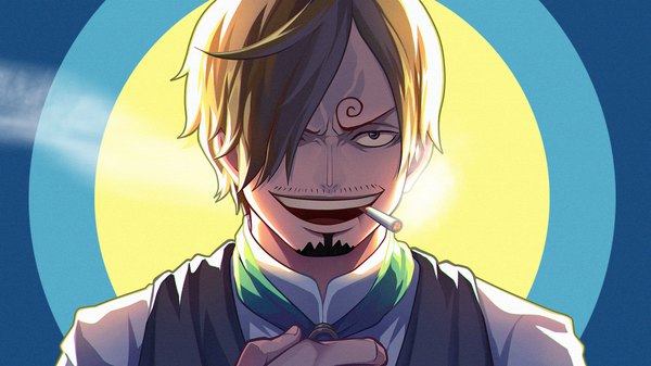 Anime picture 1920x1080 with one piece toei animation sanji zhang ding single looking at viewer fringe highres short hair open mouth blonde hair simple background smile wide image upper body hair over one eye teeth smoke eyebrows face