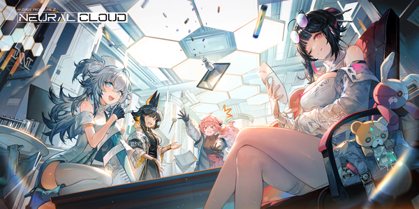 Anime picture 6000x3000 with girls frontline girls' frontline neural cloud florence (neural cloud) imhotep (neural cloud) vee (neural cloud) panakeia (neural cloud) long hair highres breasts open mouth light erotic black hair wide image standing sitting multiple girls pink hair absurdres silver hair ahoge