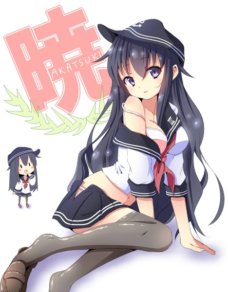 Anime-Bild 1000x1283 mit kantai collection akatsuki destroyer take (office-t) long hair tall image looking at viewer blush breasts light erotic black hair sitting purple eyes open clothes character names chibi dual persona minigirl open skirt l l girl