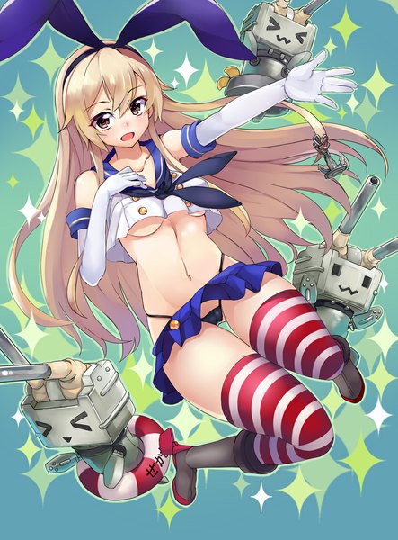 Anime picture 850x1150 with kantai collection shimakaze destroyer rensouhou-chan ashita (2010) long hair tall image looking at viewer breasts light erotic blonde hair grey eyes zettai ryouiki underboob cameltoe jumping :3 > < girl thighhighs skirt