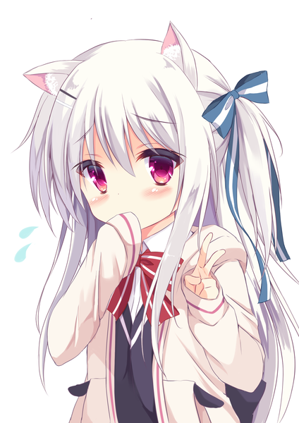 Anime picture 1500x2121 with original koinu-chan kujou danbo single long hair tall image looking at viewer blush fringe hair between eyes purple eyes animal ears white hair long sleeves loli embarrassed side ponytail victory covered mouth dog ears