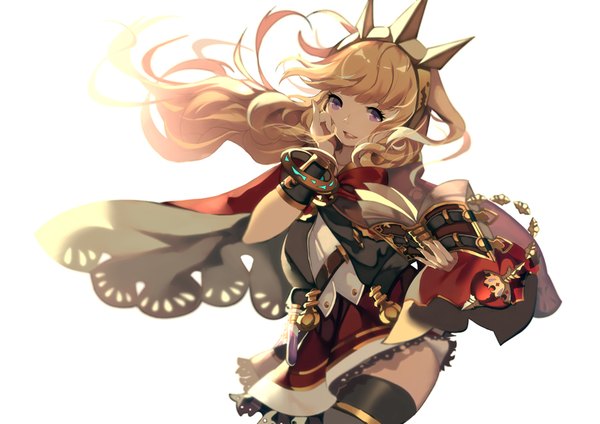 Anime picture 900x636 with granblue fantasy cagliostro (granblue fantasy) rhea single long hair looking at viewer fringe open mouth simple background blonde hair smile standing white background purple eyes holding payot head tilt :d wind zettai ryouiki